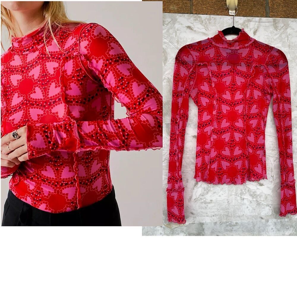 FP x Anna Sui Charlie Printed Mesh Top heart print size XS
